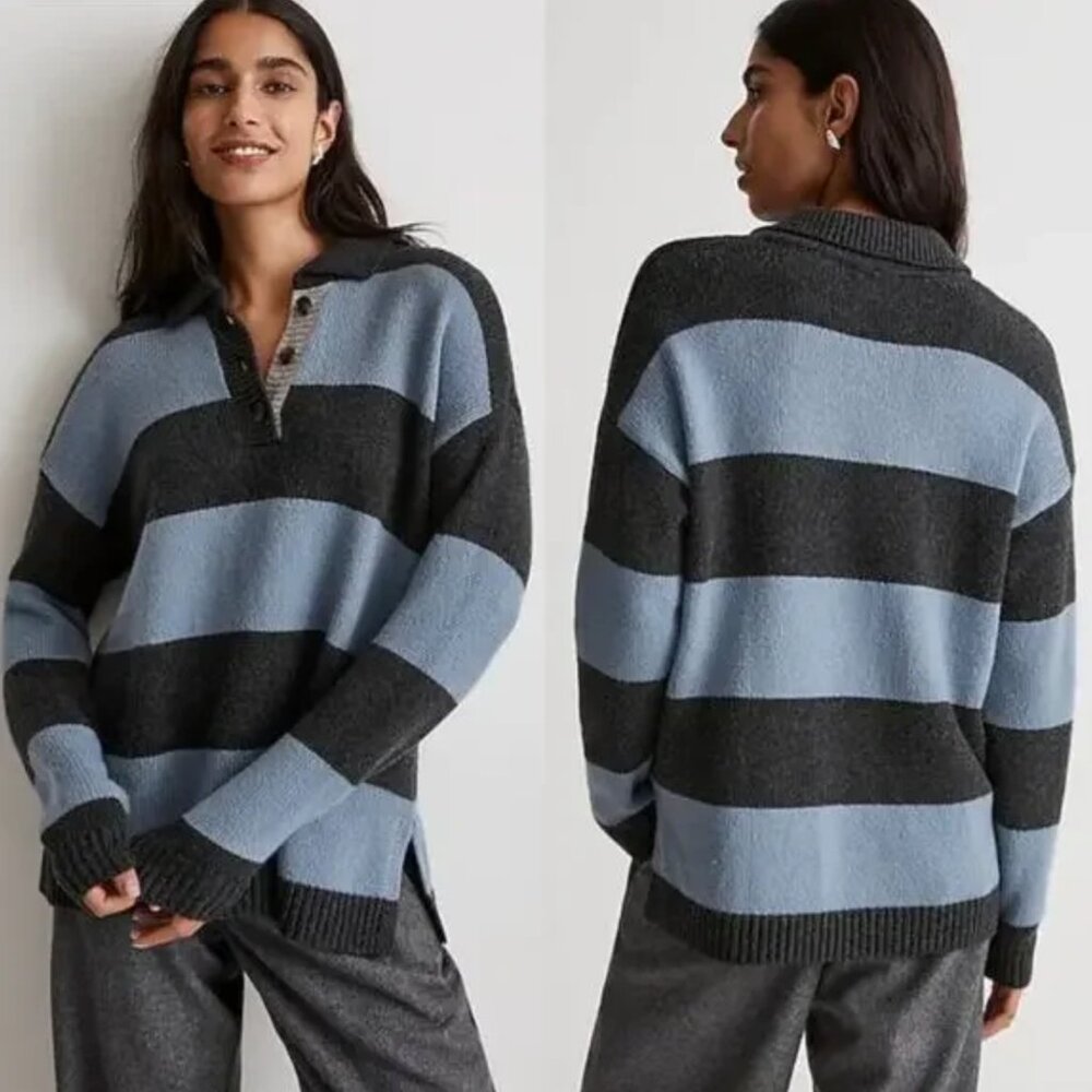 Madewell | 2023 Rugby Stripe Polo Sweater Blue & Gray Preppy Old Money Size XS